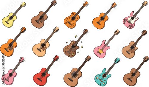Large collection of hand drawn acoustic and electric guitar vectors featuring unique star patterns for creative music school and concert branding.
