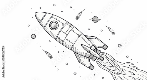 Hand drawn rocket flying through space with stars and planets.