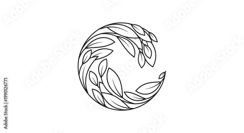 Black and white line art leafy globe symbol.
