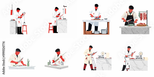 Set of flat vector illustrations depicting professional butchers in white coats cutting and preparing various types of meat in a traditional shop setting.