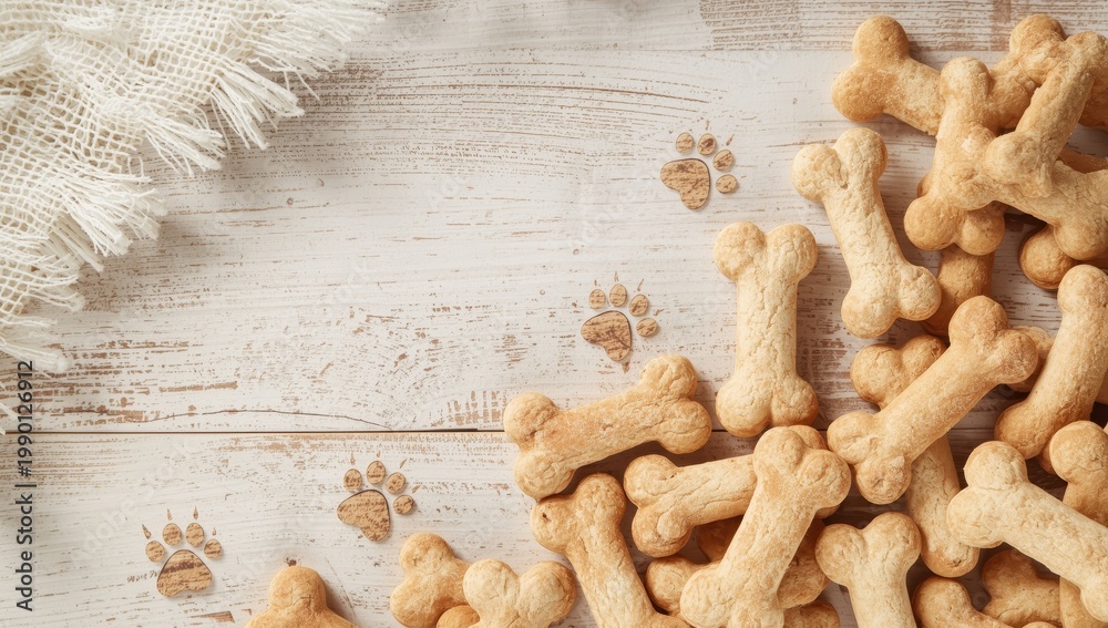 Fototapeta premium dog treats shaped like bones on a white wooden surface