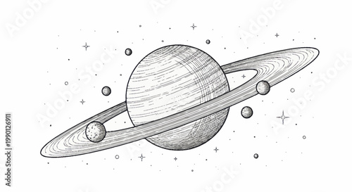 Hand Drawn Sketch of Saturn Planet with Rings and Moons in Space.