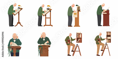 Illustration set of an elderly male scholar or historian engaged in various activities like reading, writing with a quill, and researching in a library.