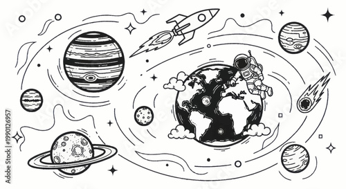 Hand drawn space exploration with planets, astronaut, and rocket.