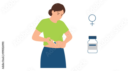 Woman self injecting medication with insulin pen, healthcare flat design vector illustration