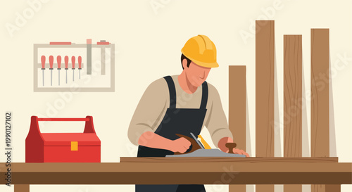 Carpenter Planing Wood. Woodworking. Craftsmanship. Workshop. DIY.