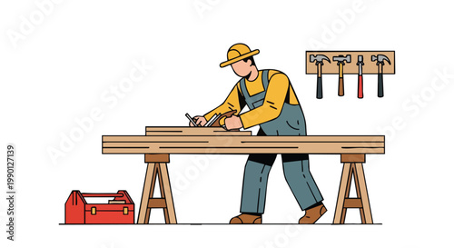 Carpenter Working with Wood Plane on Sawhorses