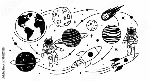 Hand-drawn space exploration with planets, astronauts, and rockets in a cosmic setting.