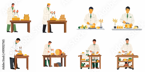Set of illustrations depicting professional cheesemongers in white coats expertly cutting and preparing various types of gourmet cheese on wooden tables and carts.