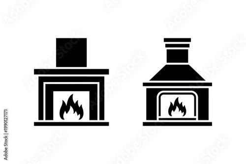 Fireplace silhouette icons two black chimney fireplaces with flames vector illustration for home heating interior design and cozy living concepts