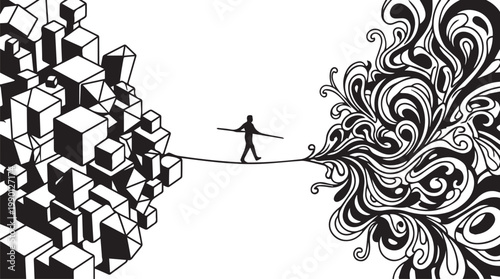 Silhouette tightrope walker balancing between geometric blocks and ornate floral design, minimalist vector illustration