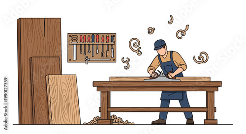 Carpenter Planing Wood. Woodworking Craft. Workshop Scene. Rustic Texture. Manual Labor.