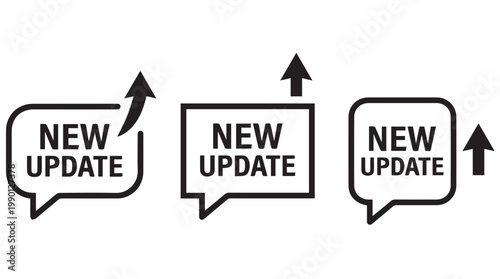 Three modern new update speech bubbles with upward arrows, flat design vector illustration