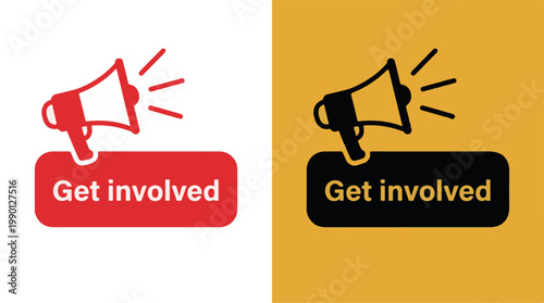 Flat design megaphone icons with get involved call to action, vibrant background vector illustration