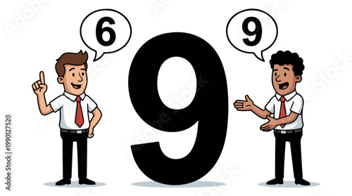 Two businessmen debating large number nine vs six in vector illustration