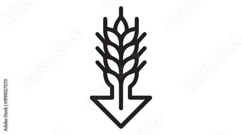 Minimalist wheat ear icon with downward arrow vector illustration, flat design