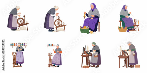 Set of illustrations featuring elderly women in traditional attire using spinning wheels and looms to process wool and create yarn.