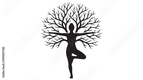 Elegant woman in tree of life yoga pose, minimalist black and white vector illustration
