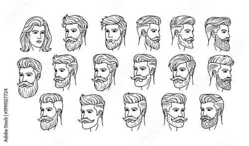 Barber men hairstyle and beard line icon set detailed outline grooming faces with modern haircut styles vector