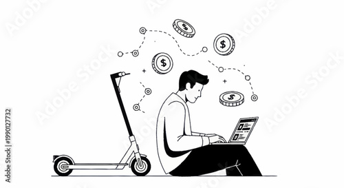 Man working on laptop with money and scooter, illustrating modern freelance income.
