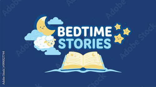 Bedtime stories vector illustration with moon, clouds, and stars, flat design