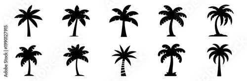 Vacation palm silhouette icons set tropical travel symbols vector illustration for tourism leisure beach destination and transport concept design