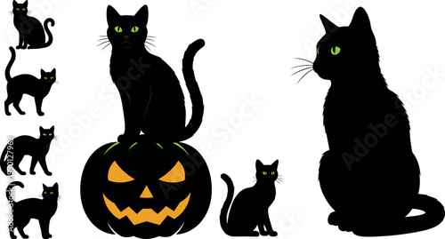 Halloween-themed illustrations featuring black cats in various poses