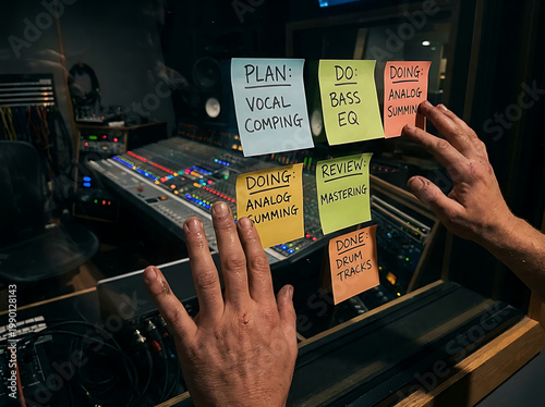 Audio professional meticulously organizing a complex music production workflow using color-coded sticky notes in a state-of-the-art recording studio