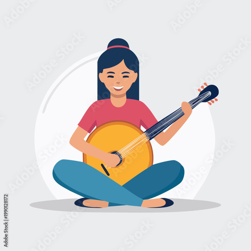An illustration of a smiling woman sitting cross-legged and playing a stringed musical instrument.