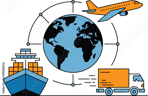 Vector illustration of global transportation modes including ship truck airplane and globe for logistics and shipping concepts generative AI representing international trade supply chain management 