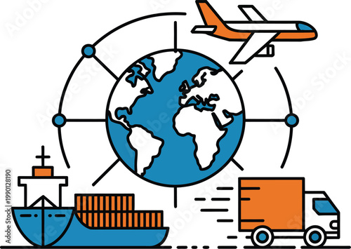 Vector illustration of global transportation modes including ship truck airplane and globe for logistics and shipping concepts generative AI representing international trade supply chain management 