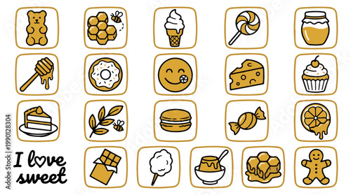 sweet treats and desserts collection with love message flat design vector illustration