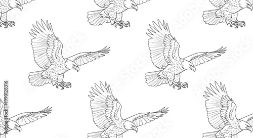 Seamless pattern of detailed bald eagle line drawings in various flying and landing positions across a white background.