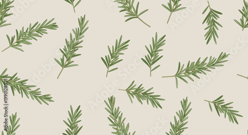 Natural seamless pattern composed of fresh green rosemary sprigs scattered over a warm neutral beige background surface.
