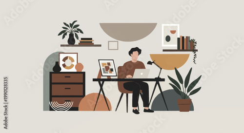 Person working remotely on laptop in comfortable home office environment.