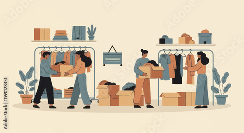 People sorting clothes and items in a donation center or thrift store.