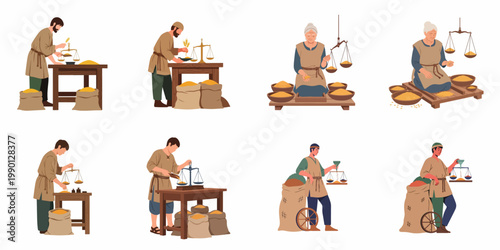 Set of medieval and ancient people weighing grain and seeds using traditional scales, featuring historical merchants and farmers in various poses.