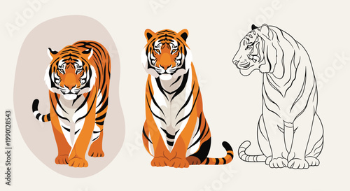 Selection of three tiger illustrations showing different poses and styles including a frontal view and a profile outline.