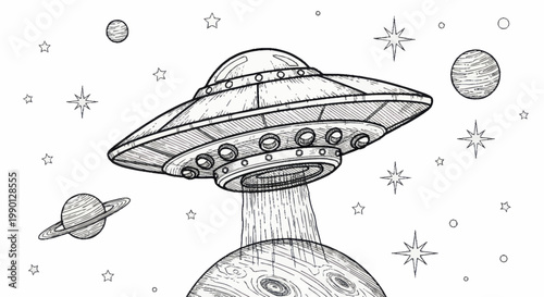 Retro UFO Spaceship Beam Descending Onto Planet.