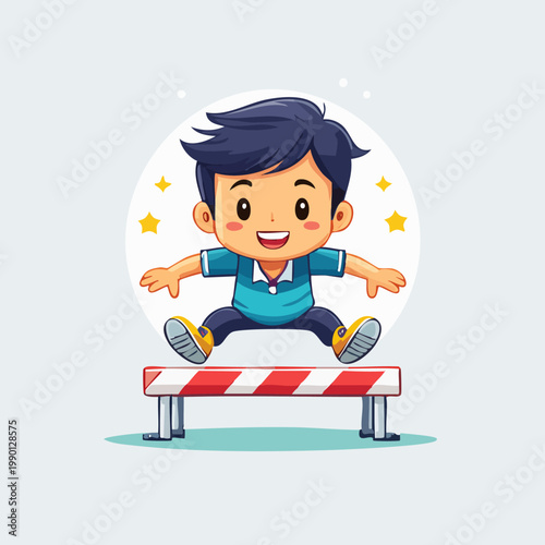 A cheerful cartoon boy in a blue shirt happily jumps over a red and white striped hurdle.