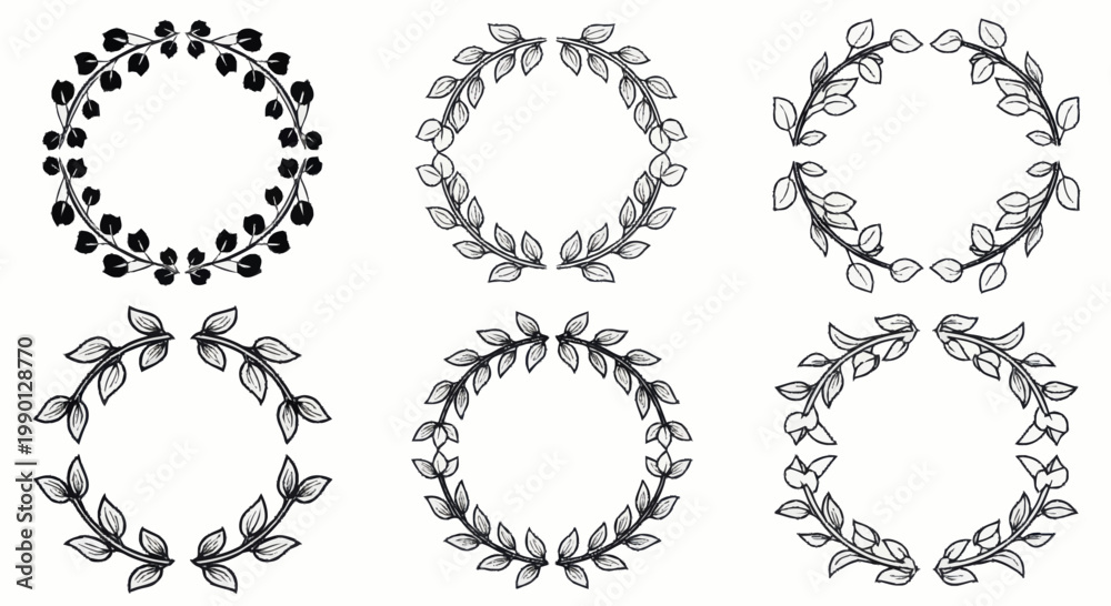 Obraz premium Set of Hand Drawn Botanical Wreaths and Frames with Leaves and Berries.