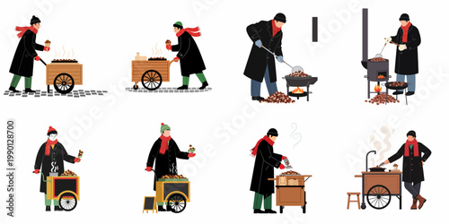 Set of flat illustrations featuring street vendors roasting and selling hot chestnuts from carts in winter.