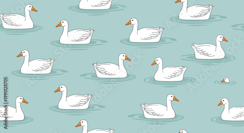 Charming seamless pattern of white geese with orange beaks swimming calmly on a light blue water surface with ripples.