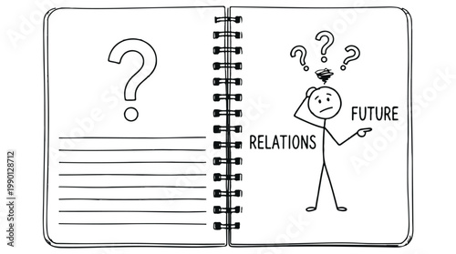 person thinking about future relations with question marks in a notebook vector illustration