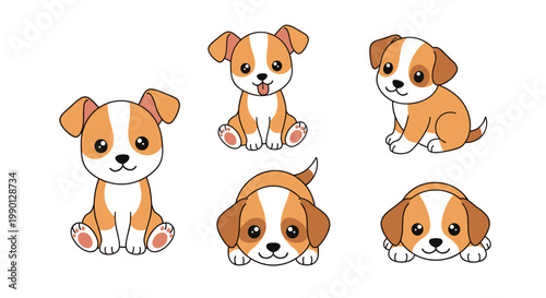 Collection of six incredibly cute puppy illustrations in different sitting and lying poses with friendly brown markings.