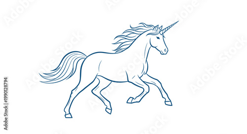 Dynamic line drawing of a majestic unicorn running with its mane flowing in a dark blue color on a white background space.