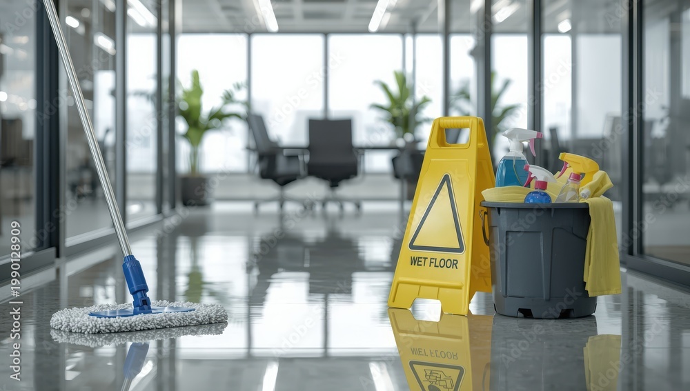 Fototapeta premium Janitorial service. Mop, bucket, cleaning supplies, and wet floor sign in workspace, area for text