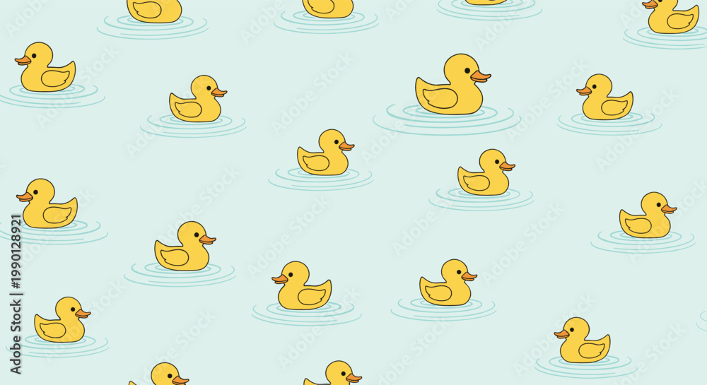Fototapeta premium Fun and repetitive seamless pattern of classic yellow rubber ducks floating on a light blue water background with ripples.