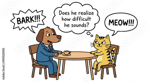 dog and cat conversation at wooden table flat design vector illustration