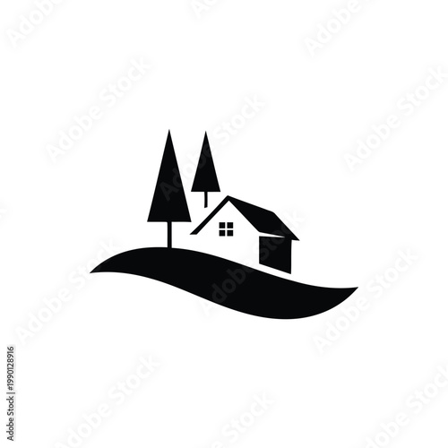 A serene landscape illustration of a house with trees on a hill